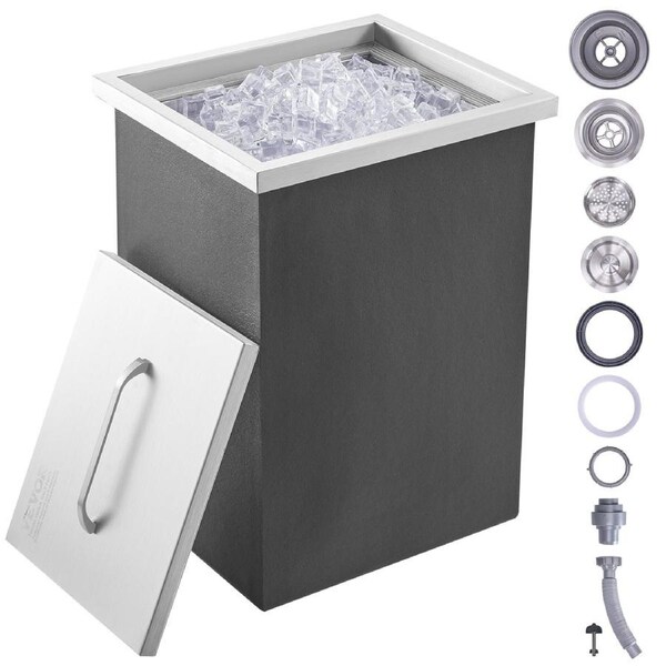 Drop in Ice Chest, 14"L x 12"W x 18"H Stainless Steel Ice Cooler, Commercial Ice Bin with Cover, 40 qt Outdoor Kitchen Ice Bar, Drain-pipe and Drain Plug Included, for Cold Wine