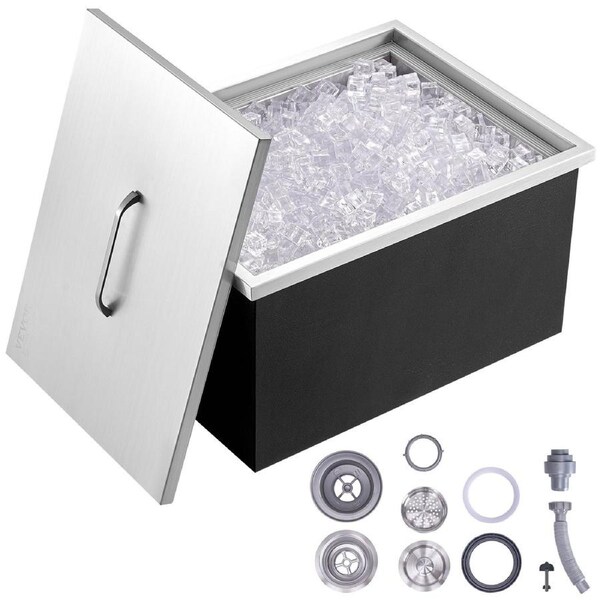 Drop in Ice Chest, 20"L x 14"W x 12"H Stainless Steel Ice Cooler, Commercial Ice Bin with Cover, 40 qt Outdoor Kitchen Ice Bar, Drain-pipe and Drain Plug Included, for Cold Wine