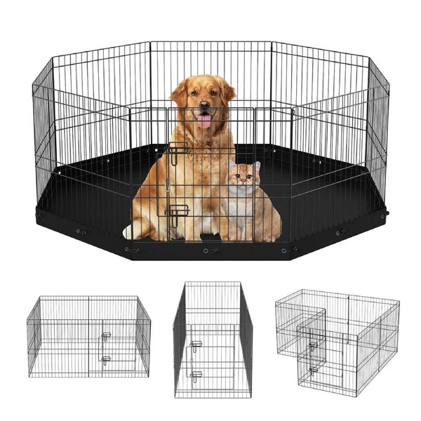 Dog Playpen, 8 Panels Foldable Metal Dog Exercise Pen with Bottom Pad, 24" H Pet Fence Puppy Crate Kennel with Ground Stakes, Indoor Outdoor Dog Pen for Small Medium Pets, for Camping,