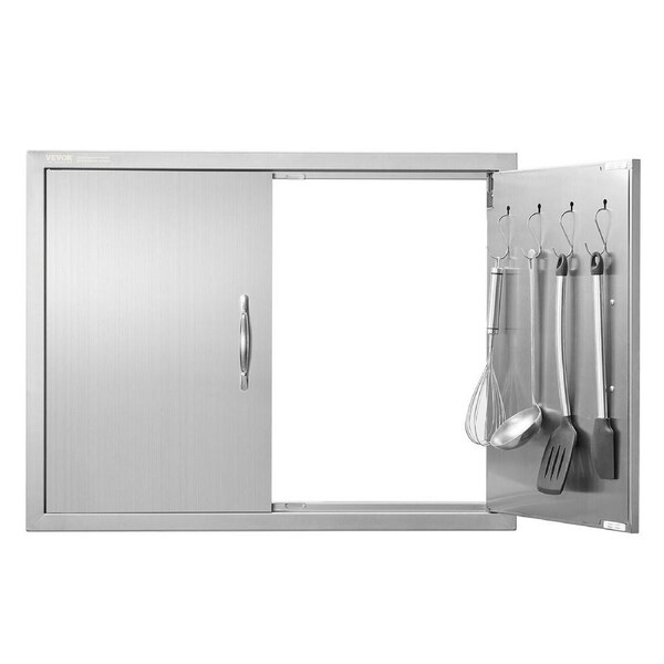 BBQ Access Door, 787x609 mm Double Outdoor Kitchen Door, Stainless Steel Flush Mount Door, Double Wall Vertical Door with Handles and Hooks, for BBQ Island, Grilling Station, Outside