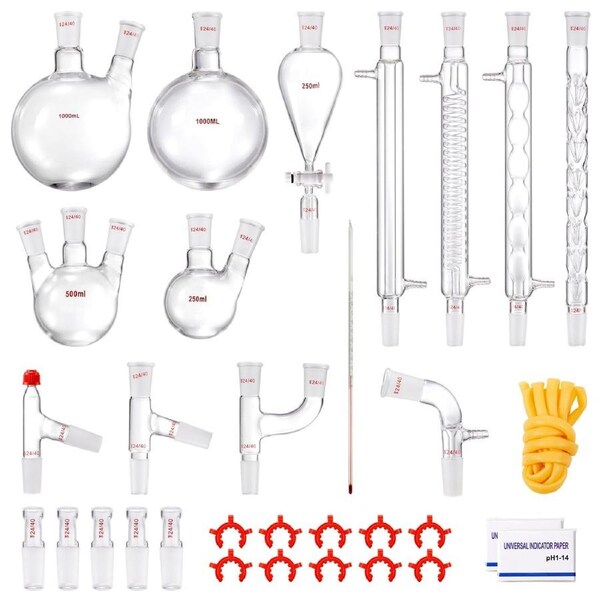 Lab Distillation Kit, 3.3 Boro Lab Glassware Distillation Kit with 24, 40 Joint, 1000ml Essential Oil Distillation Apparatus Kit, 32 pcs Set of Glassware