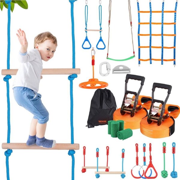 Ninja Warrior Obstacle Course for Kids, 2 x 15.24 m Weatherproof Slacklines, 228kg Weight Capacity Monkey Line, Outdoor Playset Equipment, Backyard Toys Training Equipment Set with 12