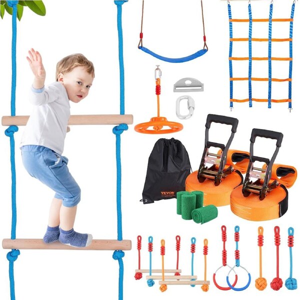 Ninja Warrior Obstacle Course for Kids, 2 x 17m Weatherproof Slacklines, 227kg Weight Capacity Monkey Line, Outdoor Playset Equipment, Backyard Toys Training Equipment Set with 12