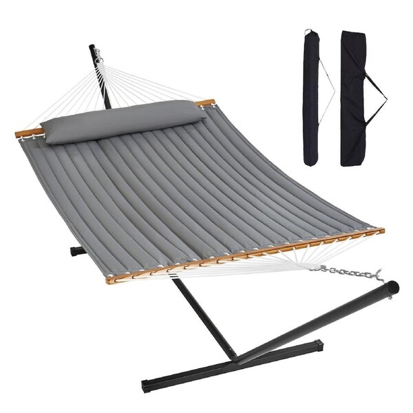Double Quilted Fabric Hammock Two Person Hammock with Stand 480lb Capacity