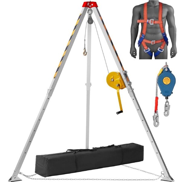 Confined Space Tripod Kit, 1800 lbs Winch, Confined Space Tripod 7' Legs and 98' Cable, Confined Space Rescue Tripod 32.8' Fall Protection, Harness, Storage Bag for Traditional Confined