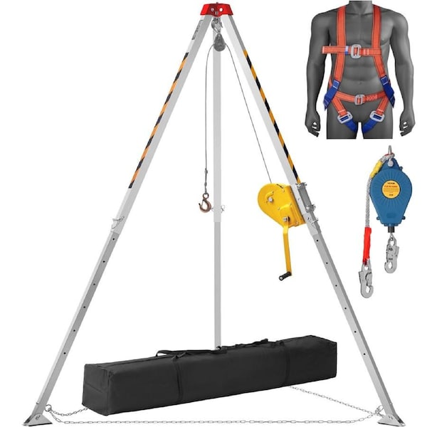 Confined Space Tripod Kit, 2600 lbs Winch, Confined Space Tripod 8' Legs and 98' Cable, Confined Space Rescue Tripod 32.8' Fall Protection, Harness, Storage Bag for Traditional Confined