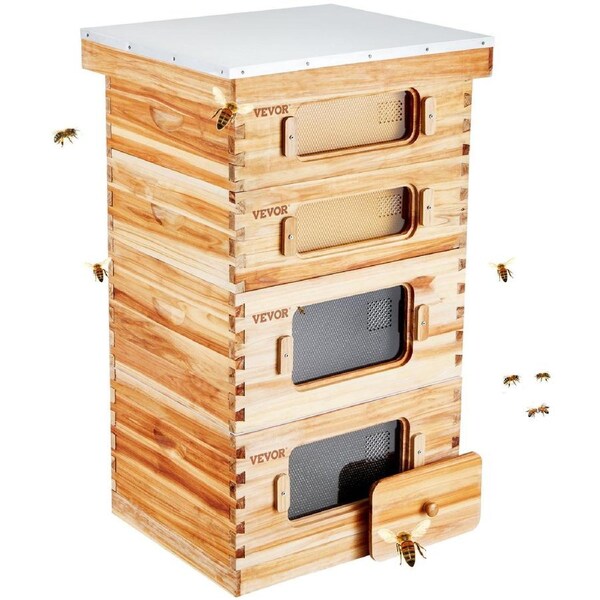 Bee Hive 40 Frame Bee Hives Starter Kit, Beeswax Coated Cedar Wood, 2 Deep + 2 Medium Bee Boxes Langstroth Beehive Kit, Transparent Acrylic Windows with Foundations for Beginners Pro