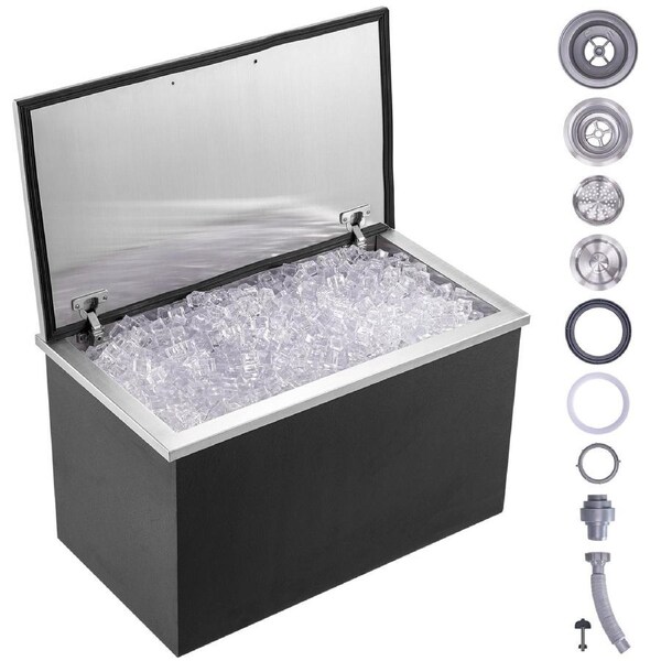 Drop in Ice Chest, 24"L x 20"W x 15"H Stainless Steel Ice Cooler, Commercial Ice Bin with Hinged Cover, 40 qt Outdoor Kitchen Ice Bar, Drain-pipe and Drain Plug Included, for Cold Wine