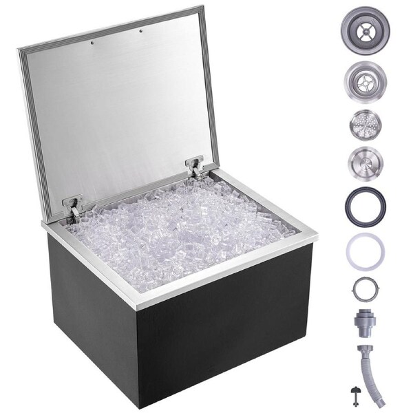 Drop in Ice Chest, 28"L x 16"W x 17"H Stainless Steel Ice Cooler, Commercial Ice Bin with Hinged Cover, 40 qt Outdoor Kitchen Ice Bar, Drain-pipe and Drain Plug Included, for Cold Wine