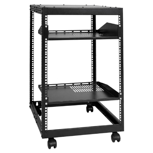 15U Open Frame Server Rack, Adjustable Depth, Free Standing or Wall Mount Network Server Rack, 4 Post AV Rack with Casters, Holds All Your Networking IT Equipment AV Gear Router