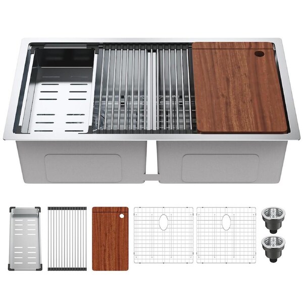 Kitchen Sink, 304 Stainless Steel Drop-In Sinks, Undermount Double Bowls Basin with Ledge and Accessories, Household Dishwasher Sinks for Workstation, RV, Prep Kitchen, and Bar Sink, 33