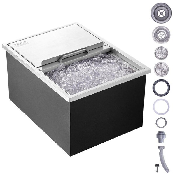 Drop in Ice Chest, 24"L x 18"W x 13"H Stainless Steel Ice Cooler, Commercial Ice Bin with Sliding Cover, 40.9 qt Outdoor Kitchen Ice Bar, Drain-pipe and Drain Plug Included, for Cold Wine