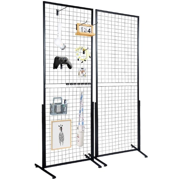 2' x 5.6' Grid Wall Panels Tower, 2 Packs Wire Gridwall Display Racks with T-Base Floorstanding, Double Side Gridwall Panels for Art Craft Shows, Retail Display with Extra Clips and