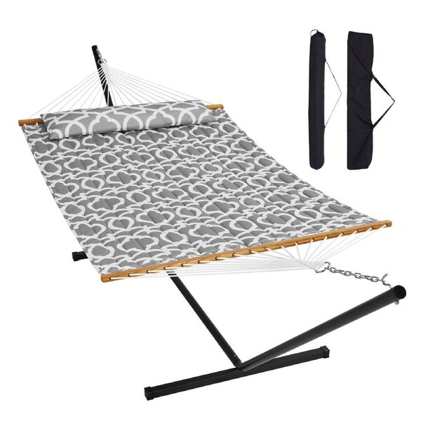 Two Person Hammock with Stand Included Heavy Duty 480lb Capacity, Double Hammock with 12 FT Steel Stand and Portable Carrying Bag and Pillow, Freestanding Hammock for Outdoor Patio Yard
