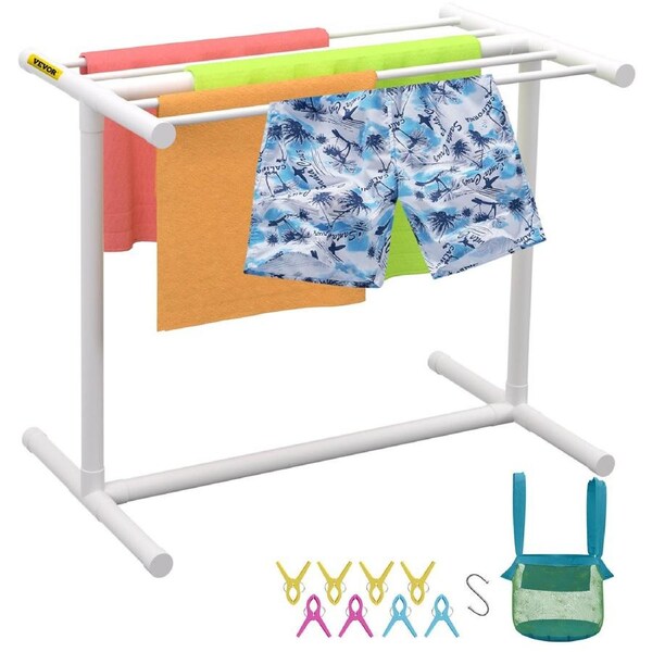 Pool Towel Rack, 5 Bar, White, Freestanding Outdoor PVC T-Shape Poolside Storage Organizer, Include 8 Towel Clips, Mesh Bag, Hook, Also Stores Floats and Paddles, for Beach, Swimming Pool,