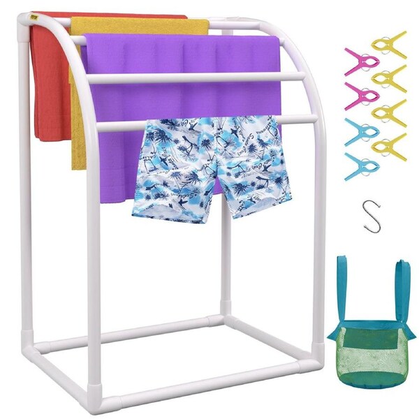 Pool Towel Rack, 5 Bar, Milky, Freestanding Outdoor PVC Curved Poolside Storage Organizer, Include 8 Towel Clips, Mesh Bag, Hook, Also Stores Floats and Paddles, for Beach, Swimming Pool,