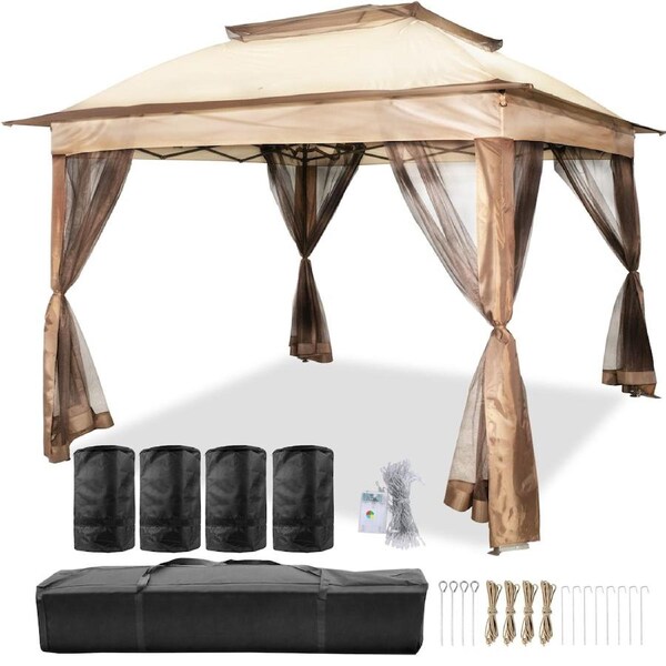 Outdoor Canopy Gazebo Tent, Portable Canopy Shelter with 11\'x11\' Large Shade Space for Party, Backyard, Patio Lawn and Garden, 4 Sandbags, Carrying Bag and Netting Included,