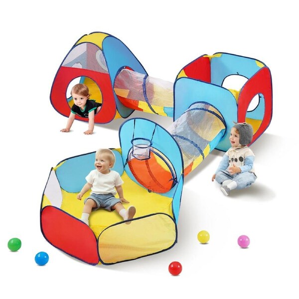 5 in 1 Kids Play Tent with Tunnel, Basketball Hoop for Boys, Girls, Babies and Toddlers, Indoor/Outdoor Pop Up Playhouse with Carrying Bag & Banding Straps Birthday Gifts,