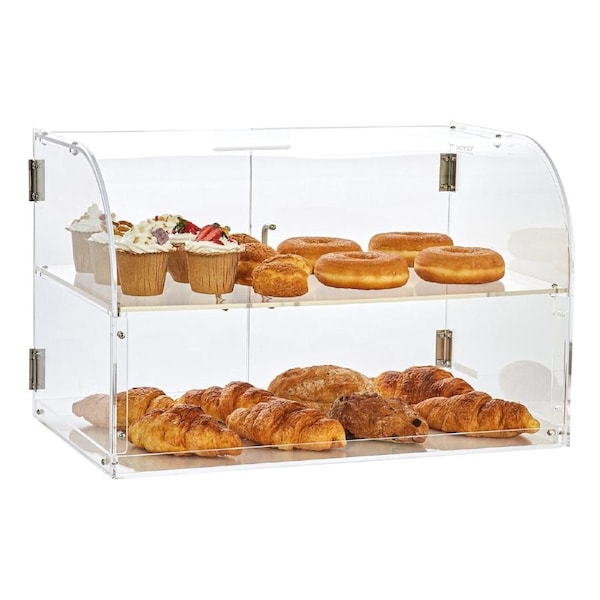 Pastry Display Case, 2-Tier Commercial Countertop Bakery Display Case, Acrylic Display Box with Rear Door Access & Removable Shelves, Keep Fresh for Donut Bagels Cake