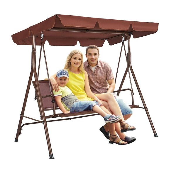 3-Seat Patio Swing Chair, Outdoor Patio Swing with Adjustable Canopy, Porch Swing with Armrests, Teslin Fabric and Alloy Steel Frame, for Balcony, Backyard, Patio, Garden, Poolside,
