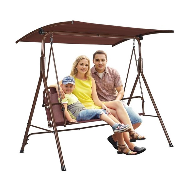 3-Person Patio Swing Chair, Outdoor Patio Swing with Adjustable Canopy, Porch Swing with Armrests, Teslin Fabric and Alloy Steel Frame, for Balcony, Backyard, Patio, Garden, Poolside,