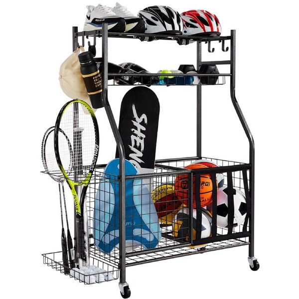 Sports Equipment Garage Organizer, Rolling Ball Storage Cart on Wheels, Basketball Rack with Baskets & Hooks, Indoor/Outdoor Sports Gear and Toys Storage, Steel Sports Equipment Organizer,