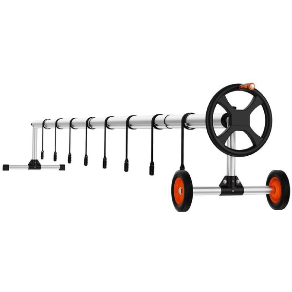 Pool Cover Reel, Aluminum Solar Cover Reel 14 ft, Inground Swimming Pool Cover Reel Set with Rubber Wheels and Sandbags, Fits for 3-14 ft Width Swimming