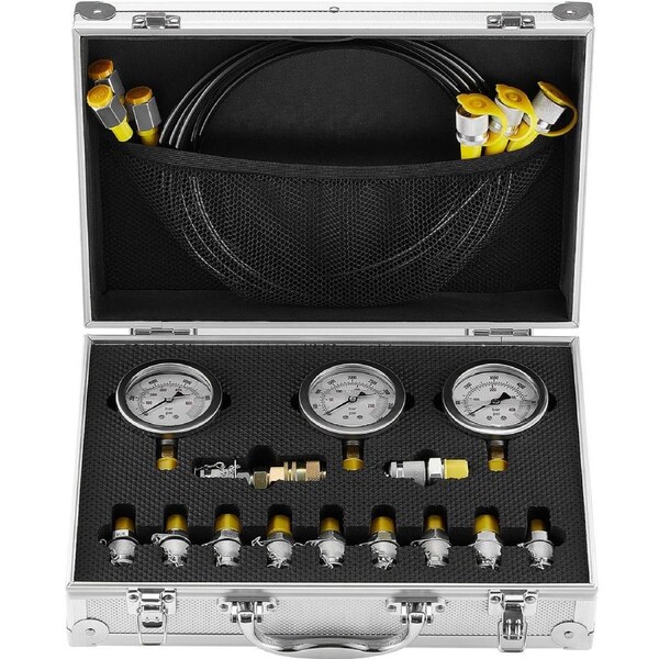 Hydraulic Pressure Test Kit, 250/400/600bar, 3 Gauges 11 Test Couplings 3 Test Hoses, Excavator Hydraulic Test Gauge Set with Portable Carrying Case for Excavator Tractors Construction