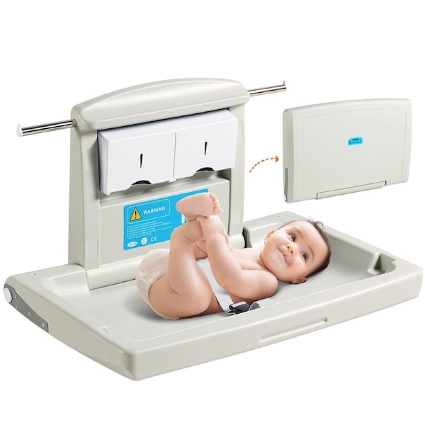 Wall-Mounted Baby Changing Station, Horizontal Foldable Diaper Change Table with Safety Straps and Hanging Rods, Use in Commercial Bathrooms, Daycare Centers for Newborns &
