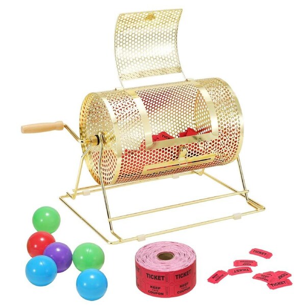 Raffle Drum, 11.6 x Ø7.48 inch Brass Plated Raffle Ticket Spinning Cage, Holds 2500 Tickets or 100 Ping Pong Balls, Metal Lottery Spinning Drawing with Wooden Turning Handle, for Bingo Ballot