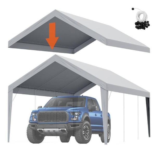 Carport Replacement Canopy Cover 12 x 20 ft, Garage Top Tent Shelter Tarp Heavy-Duty Waterproof & UV Protected, Easy Installation with Ball Bungees,Grey (Only Top Cover, Frame Not