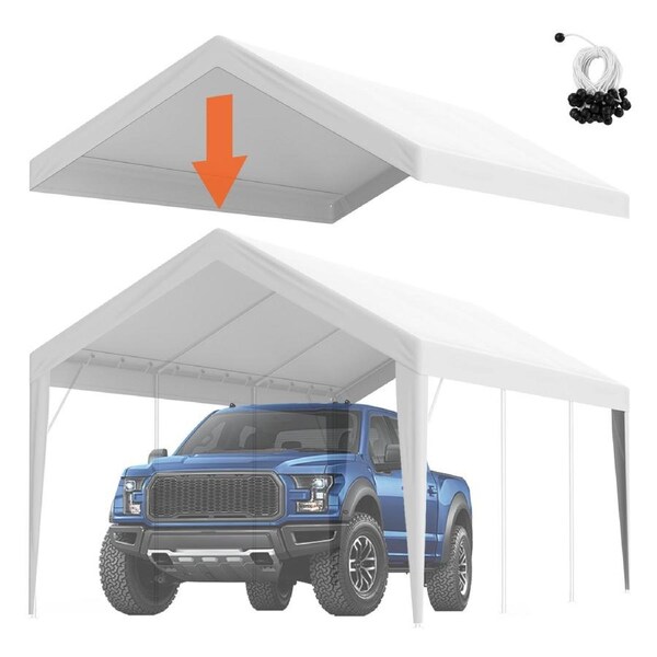Carport Replacement Canopy Cover 10 x 20 ft, Garage Top Tent Shelter Tarp Heavy-Duty Waterproof & UV Protected, Easy Installation with Ball Bungees,White (Only Top Cover, Frame Not