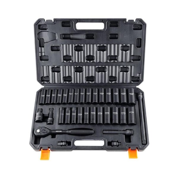 1/2" Drive Impact Socket Set, 33 Piece Socket Set SAE 3/8"-1" and Metric 10-24mm, 6 Point Cr-V Alloy Steel for Auto Repair, Easy-to-Read Size Markings, Rugged Construction, Includes Storage