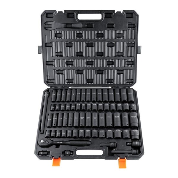 1/2" Drive Impact Socket Set, 65 Piece Socket Set SAE 3/8" to 1-1/4" and Metric 10-24mm, 6 Point Cr-V Alloy Steel for Auto Repair, Rugged Construction, Easy-to-Read Size Markings, Storage