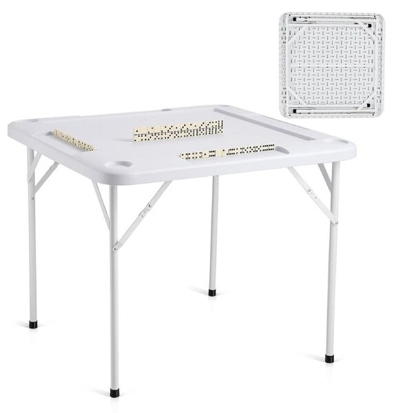 Mahjong Table, Square 4 Player Folding Card Table with 4 Cup Holders & 4 Chip Trays, Portable Domino Game Table with 1 Set of Dominoes for Mahjong Poker Puzzles, 90 x 90-inch,