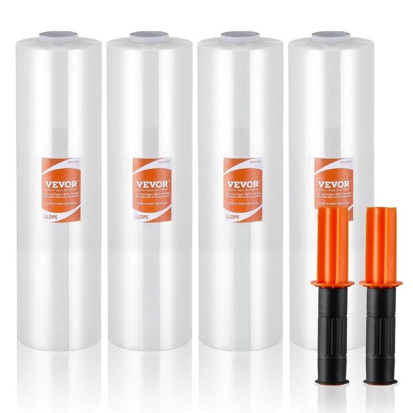 Stretch Film, 381 mm (W) x 366 m (L), 4 Pack, 80 Gauge Industrial Strength Clear Durable Stretch Wrap Roll, Heavy Duty Shrink Film Stretch Wrap with Handles for Pallet Wrapping Shipping