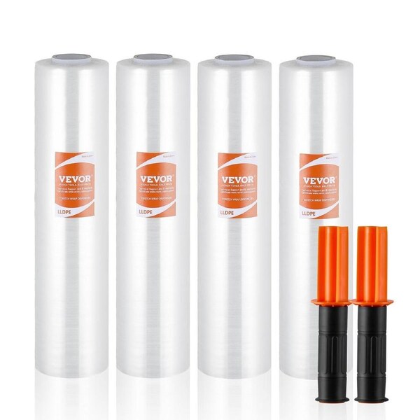 Stretch Film, 381 mm (W) x 305 m (L), 4 Pack, 60 Gauge Industrial Strength Clear Durable Stretch Wrap Roll, Heavy Duty Shrink Film Stretch Wrap with Handles for Pallet Wrapping Shipping