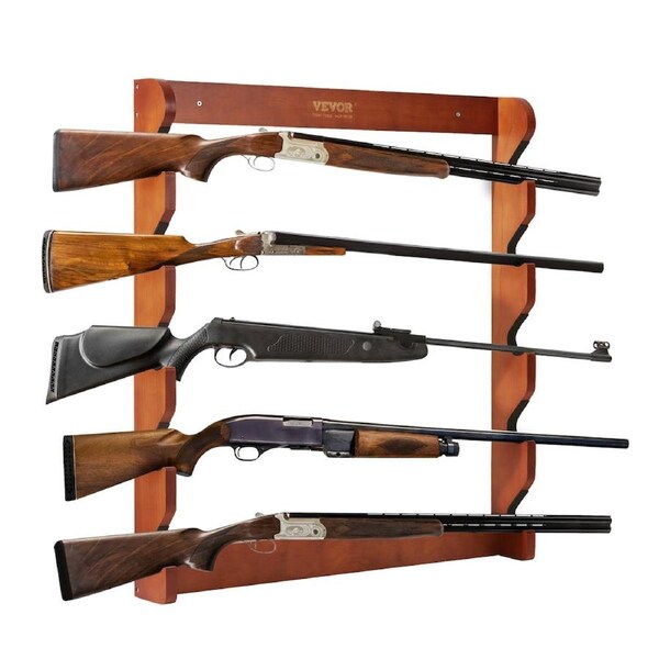Gun Rack, Wood Gun Rack Wall Mount, Gun Display Rack holds 5 Rifles, Shotguns, 132 lb Heavy Duty Wall Storage Display Rifle Rack with Soft Padding