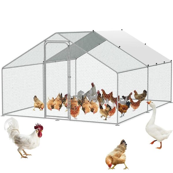 Large Metal Chicken Coop, 3x3.93x1.99 m Walk-in Chicken Runs for Yard with Cover, Spire Roof Hen House with Security Lock for Outdoor and Backyard, Farm, Duck Rabbit Cage Poultry