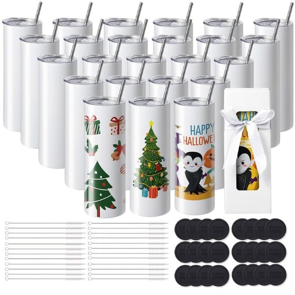 24 Pack Straight Sublimation Tumblers, 20 oz Blank Tumbler Bulk, Stainless Steel Double Wall Tumbler Cups with Straw, Lid, Brush, Base, Shrink Wrap, Gift Box, for Heat Press and Heat