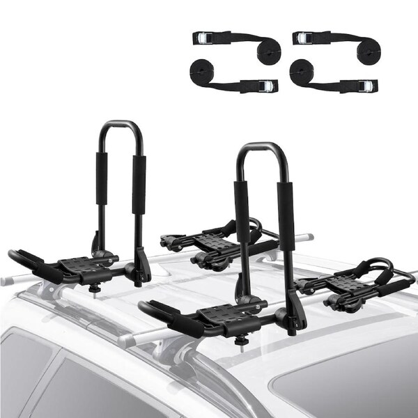 Kayak Roof Rack 2 Pairs J-Bar, Soft Roof Rack Quick Folding, Top Mount Tie Down, Carrier for kayak, Surf Board, Canoe, SUP, Ski Board, Mount on Car, SUV, Truck, 2