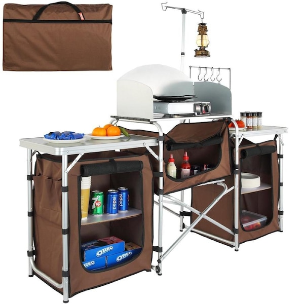 Camping Kitchen Table, Folding Outdoor Cooking Table with Storage Carrying Bag, Aluminum Cook Station 3 Cupboard & Detachable Windscreen, Quick Set-up for Picnics, BBQ, RV Traveling,