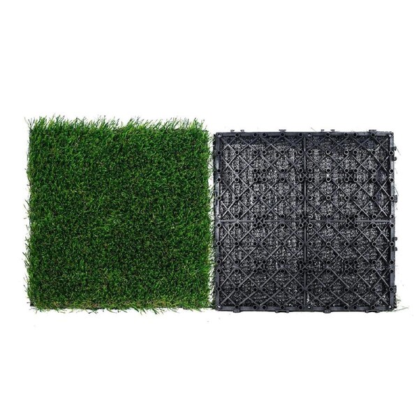 Artifical Grass Tiles Interlocking Turf Deck Set, 18 Pack - 12"x12", Synthetic Fake Grass Self-draining Mat Flooring Decor Pad, Perfect For Multi-Purpose Indoor Outdoor Entryway Scraper Dog