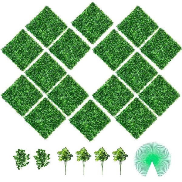 Artificial Boxwood Panels, 16 PCS 20"x20" Boxwood Hedge Wall Panels, PE Artificial Grass Backdrop Wall 1.6\", Privacy Hedge Screen for Decoration of Outdoor, Indoor, Garden, Fence, and