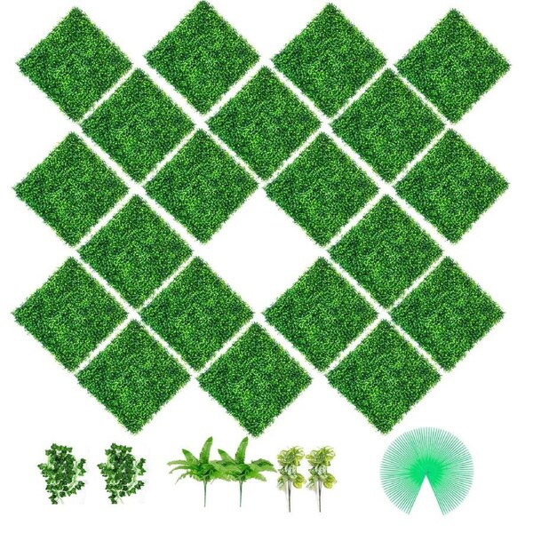 Artificial Boxwood Panels, 20 PCS 20\"x20\" Boxwood Hedge Wall Panels, PE Artificial Grass Backdrop Wall 1.6\", Privacy Hedge Screen for Decoration of Outdoor, Indoor, Garden, Fence, and