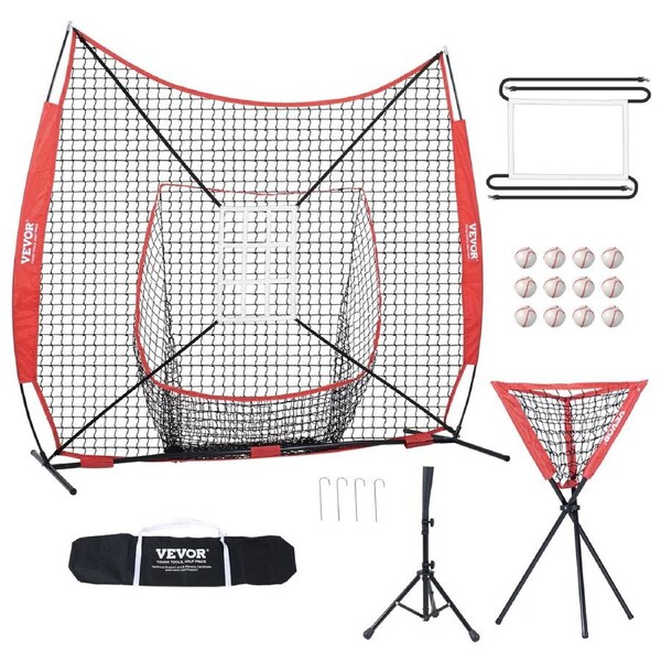 7x7 ft Baseball Softball Practice Net, Portable Baseball Training Net for Hitting Catching Pitching, Backstop Equipment with Bow Frame, Carry Bag, Strike Zone, 12 Balls, Tee, and Ball