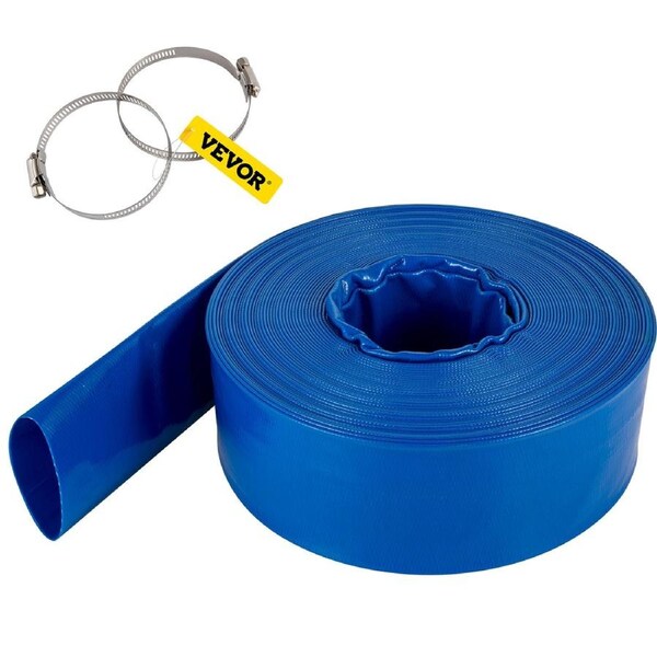 Discharge Hose, 51 mm x 32 m, PVC Fabric Lay Flat Hose, Heavy Duty Backwash Drain Hose with Clamps, Weather-proof & Burst-proof, Ideal for Swimming Pool & Water Transfer,