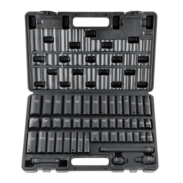 3/8" Drive Impact Socket Set, 48 Piece Socket Set SAE (5/16" -3/4") & Metric (8-22mm)6 Point Cr-V Drive Extension Bar Universal Joint & Power Drill Adapter Includes Storage