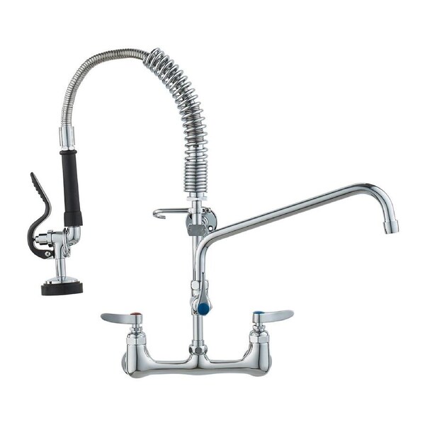 Commercial Faucet with Pre-Rinse Sprayer, 21" Height, 8" Center, 12" Swing Spout, Wall Mount Kitchen Sink Faucet, Brass Constructed Device with Pull Down Spray, for 1/2/3 Compartment