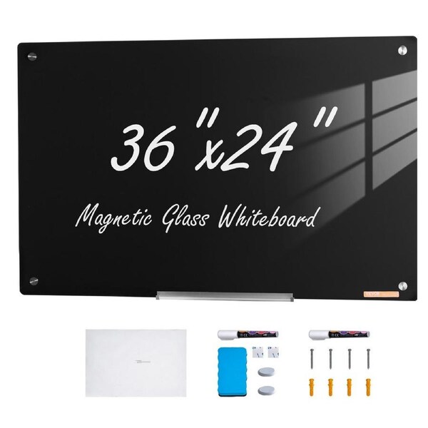 Magnetic Glass Whiteboard, Dry Erase Board 36"x24", Wall-Mounted Large White Glassboard Frameless, with Marker Tray, an Eraser and 2 Markers, Black